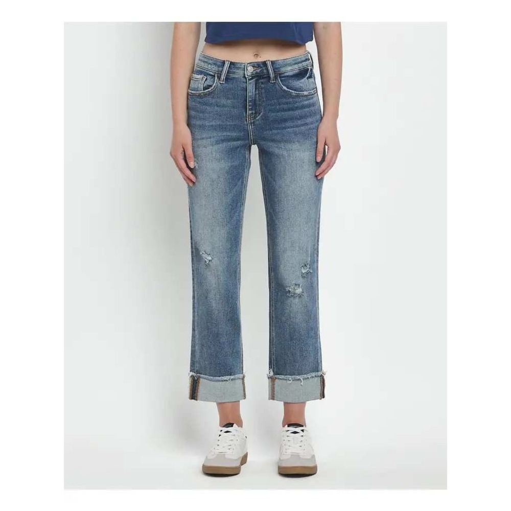 Lovervet by Vervet Womens High Rise Distressed Straight Leg Cuffed Jeans 28